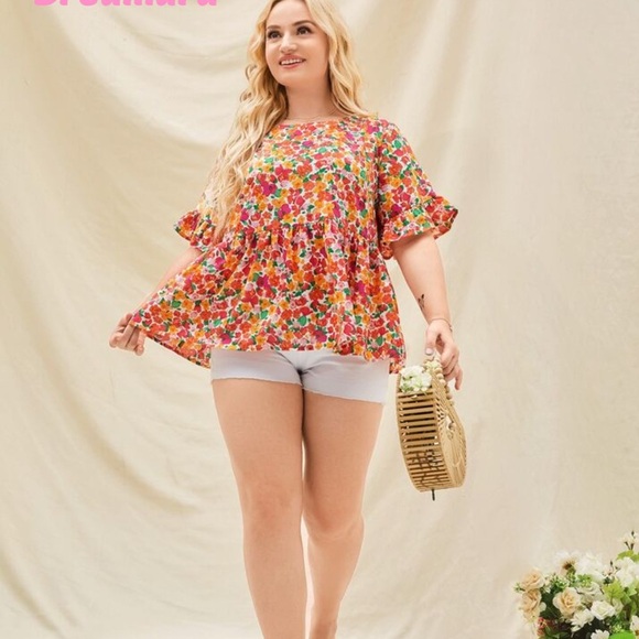 Dreamara Plus Allover Floral Print Flounce Sleeve Peplum Blouse size curve 4XL - Picture 1 of 7
